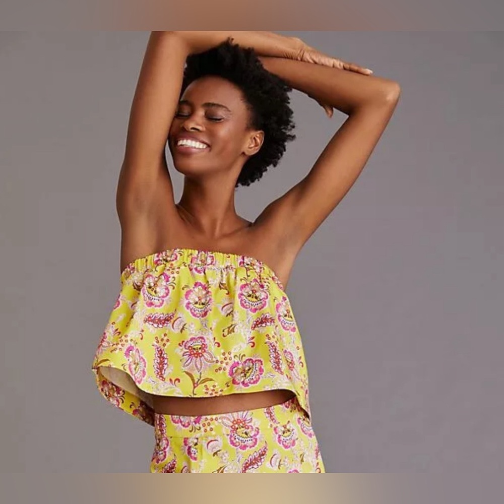 Maeve Asymmetrical Ruffled Yellow Pink Crop Top